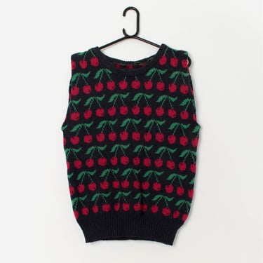 Vintage knitted cherry wool vest in navy blue and red, fruit fool jumper, sleeveless sweater, knitted tank top - Medium / Large 