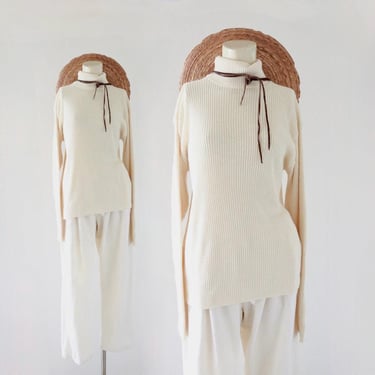 ivory turtleneck sweater - m - vintage 70s 80s cream ribbed pullover womens long sleeve top shirt 