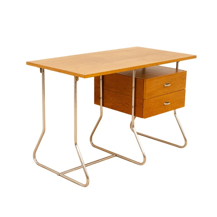 Czechoslovak modernist chrome and wood writing desk, 1950s, Europe 