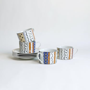 Postmodern Cups & Saucers, Coffee or Tea, Porcelain Set by Top Choice, Set of 4, Vintage 1990's 