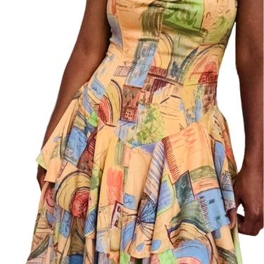 1980s Strapless Pastel Printed Tiered Dress