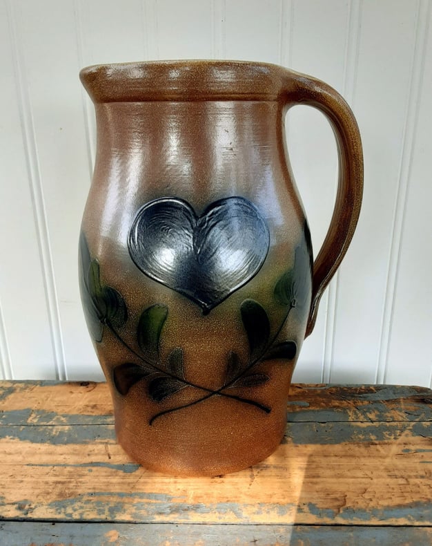 Maple City Pottery 2005 Water Pitcher Brown Slip Glaze Heart and Leaf