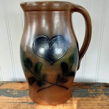 Maple City Pottery 2005 Water Pitcher Brown Slip Glaze Heart and Leaf