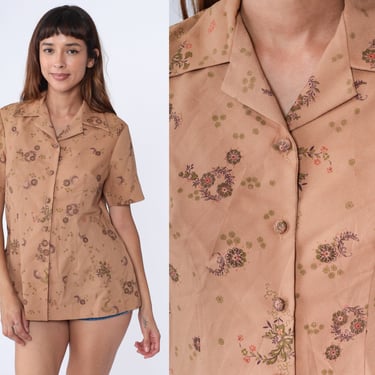 70s Floral Blouse Tan Abstract Feather Print Button Up Shirt Flower Hippie Boho Vintage Short Sleeve Collared Top Bohemian 1970s Medium 