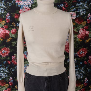 1950s Beige Wool Turtleneck Sweater with Embroidered 