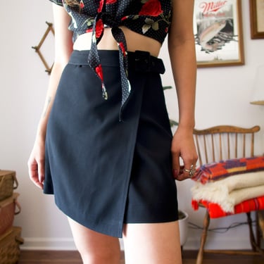 Vintage 90’s Parallel Petites Black Buckle Wrap Skirt 