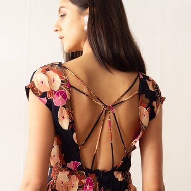 1970s Graphic Floral Crepe Backless Dress 
