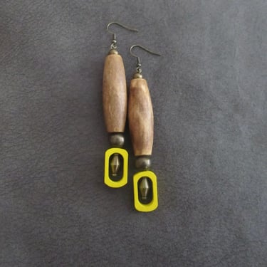 Long wooden earrings, antique bronze earrings, bohemian earrings, yellow earrings, bold statement, unique earrings, geometric earrings 2 