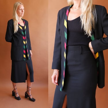 Vintage 80s Mondí Stripe Trim Wool Suit/ 1980s Black Skirt Suit/ Size Small 