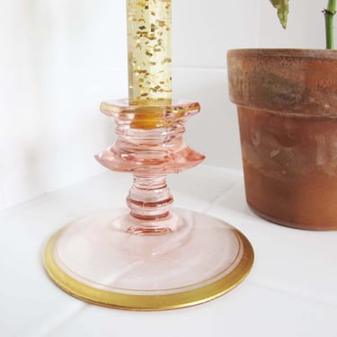 Vintage Pink Glass Candlestick Holder - Depression Glass Light Pink Taper Candle Holder - Glass Long Candle Holder - Boho Home Decor 