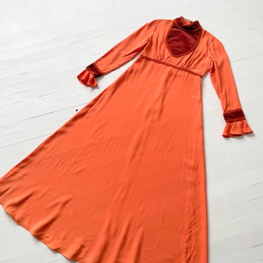 1970s Coral Orange Maxi Dress with Velvet Neckline and Sleeves 
