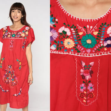 Mexican Floral Dress 90s Red Midi Dress Embroidered Flower Hippie Day Tent Bohemian Summer Casual Puebla Festival Boho Vintage 1990s Small S 