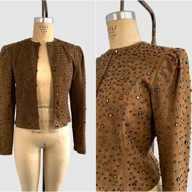 SPARKE PLENTY Anne Klein Vintage 80s Suede Jeweled Jacket | 1980s Beaded Cropped Brown Leather | 70s American Sportswear Designer | Sz Small 