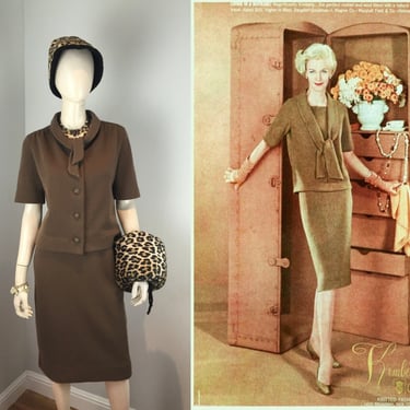 Travel Trunks A Must Have - Vintage Early 1960s Kimberly Walnut Brown Sweater Skirt Set - M/L 