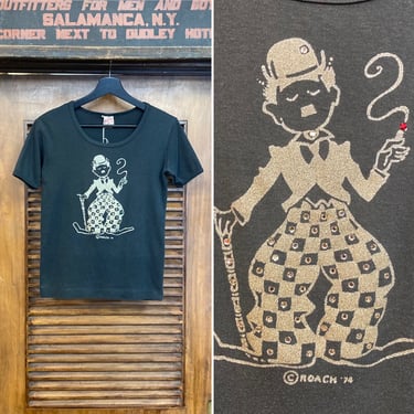 Vintage 1970’s “Roach” Artist Dated 1974 Charlie Chaplin Glitter Glam Rhinestone Detail Scoop Neck T-Shirt, 70’s Tee Shirt, Vintage Clothing 