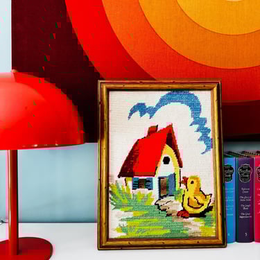 Vintage Cross Stitch Framed House and Yellow duck Wall Art / Kids Decor / crewel / 70s Wall hanging 