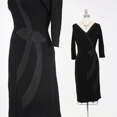 Vintage 40s black knit dress | 1940s crochet ribbon dress 