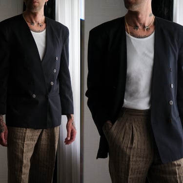 Vintage 80s Ponte Di Uomo Black Collarless Double Breasted Power Blazer w/ Tortoise Shell Buttons | Made in USA | 1980s Designer Mens Jacket 
