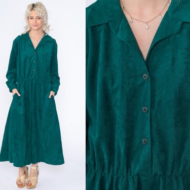 Green Maxi Dress 90s Button Up Day Dress Ankle Length Long sleeve High Waisted Secretary Retro Modest Vintage 1990s Bedford Fair Large L 14 