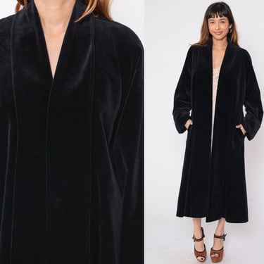 Black Velvet Robe 80s Dressing Gown Midi Pajama Jacket Open Front Housecoat Retro Lounge Basic Plain Coat Vintage 1980s Medium Extra Large 