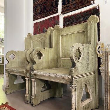 Pair of Antique Gothic Reader Pew Chairs 