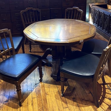 Octagonal Pedestal Table w 6 Black Leather Chairs