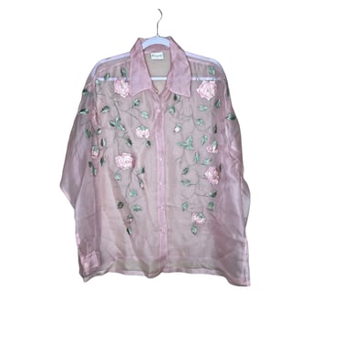 Vintage Florissant Pink Organza Embroidered Sheer Floral Blouse, No tag Large 
