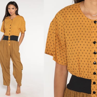 80s Jumpsuit Mustard Yellow Geometric Tapered Pant Checkered Button Up High Waisted 1980s Vintage Pantsuit Short Sleeve Medium 