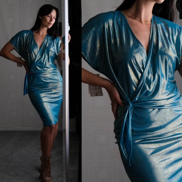 Vintage 70s Frances La Vie Liquid Teal & Gold Disco Era Wrap Dress Unworn w/ Original Tags | Made in Italy | 1970s Italian Designer Dress 