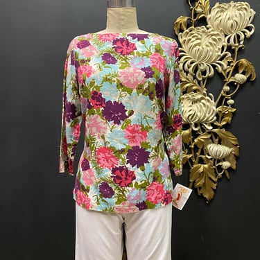 1960s floral top, boat neck, vintage 60s blouse, lady Hathaway, size medium, mrs maisel style, back zipper, flower print, cotton blend, 34 
