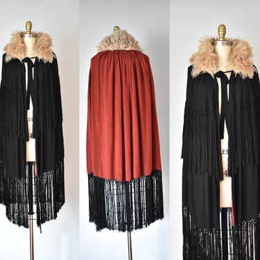 Camilla 1920s reversible silk fringe cape, art deco fur shawl, fur collar, vampire cape, burlesque costume, edwardian poncho 