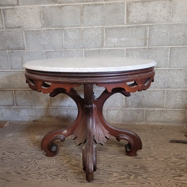 Carved Wood Side Table with Marble Top 28.5"x34"x28.5"
