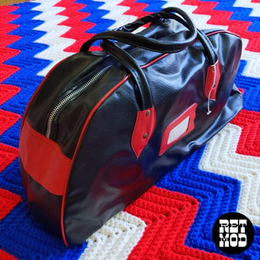 NWOT Vintage 70s 80s Black Vinyl Luggage Overnight Bag with Red 