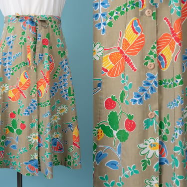Vintage 70s Sanibel Sport Butterfly / Strawberry / Floral Print Button-Front Skirt with Threaded Tie Waist 