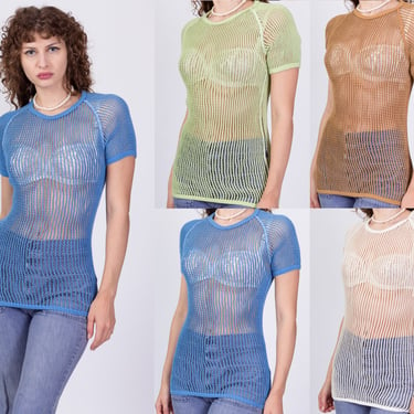 Pastel Goth Fishnet T Shirt - Blue, Green, White, Brown | Vintage Sheer Cotton Mesh Rave Wear Knit Net Ringer Top 