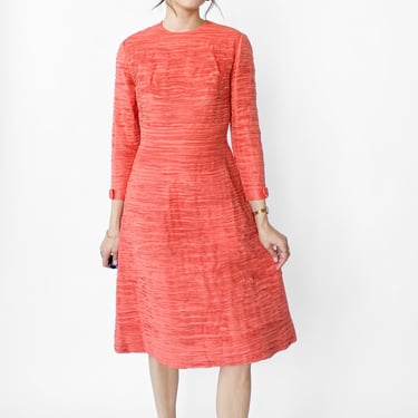 1960s Sybil Connolly Coral Ruched Dress, sz. S