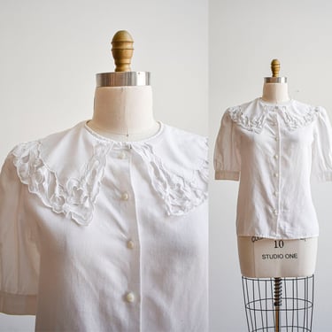 Vintage White Blouse with Lace Collar 