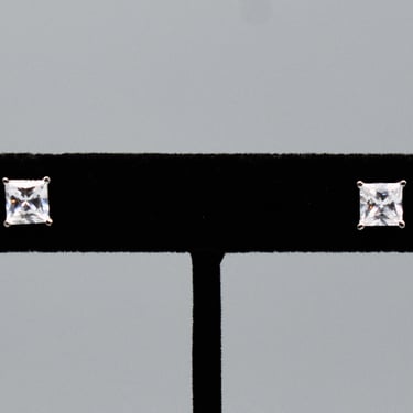 80's square cut rock crystal 925 silver studs, classic 6 mm princess cut clear quartz sterling earrings 