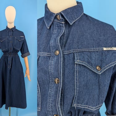 Vintage 80s Ideas Denim Shirtdress - Eighties Medium 3/4 Sleeve Jean Dress 