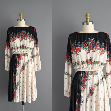 1970s dress | Beautiful Long Sleeve Floral Print Summer Day Dress | Medium | 70s vintage dress 