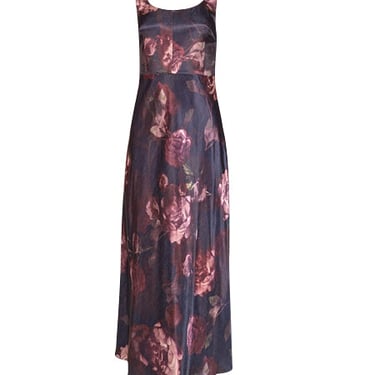 Vince - Navy & Purple Floral Print Satin Midi Slip Dress Sz 2