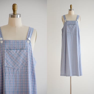 pastel overall dress 80s 90s vintage blue pink yellow plaid cottagecore pinafore dress 