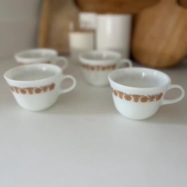 Vintage Pyrex Butterfly Gold Milk Glass Mugs - Set of 4 