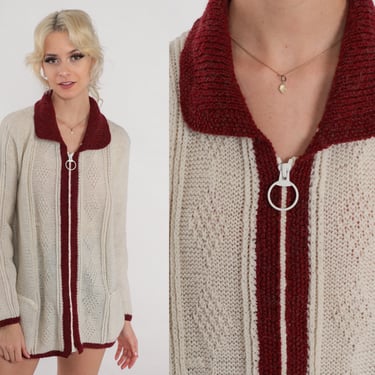 Grandpa Sweater 70s Off-White Cable Knit Cardigan O Ring Zip Up Burgundy Striped Diamond Knit Seventies Retro 1970s Vintage Acrylic Large 