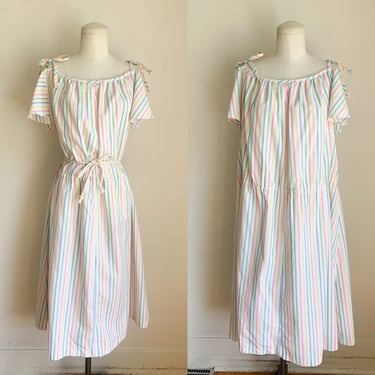 Vintage 1980s Candy Striped Seersucker Cotton Sundress / XL 