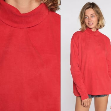 Red Turtleneck Shirt 80s Sweater Top Long Sleeve Shirt Retro Basic Cotton Top Vintage Simple Plain Normcore Layer 1980s Mens Extra Large xl 