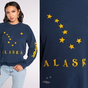Alaska Sweatshirt 80s Northern Star Sweatshirt Big Dipper Constellation Sweatshirt 1980s Retro Top Vintage Navy Blue Raglan Medium 