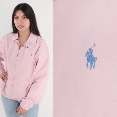 Polo Ralph Lauren Jacket 90s Baby Pink Sport Jacket Zip Up Bomber Windbreaker Full Zip Point Collar Streetwear Vintage 1990s Mens Medium M 