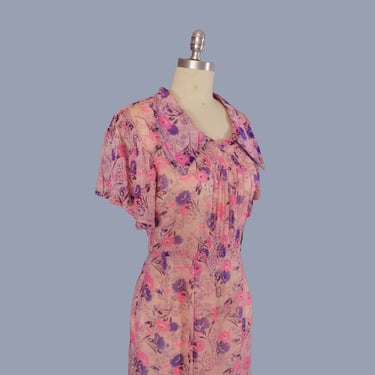 1920s Dress / 20s Pink Floral Silk Chiffon Dress / Flutter Sleeves 