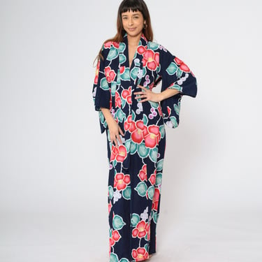 Japanese Floral Kimono Y2K Navy Blue Long Robe Open Front Maxi Jacket Full Length House Coat Flower Print Vintage 00s Small Medium Large 